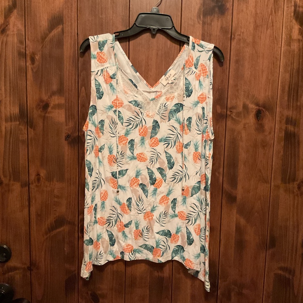 Style & Co. Tropical Pineapple Print V-Neck Tank in White, Teal & Orange
